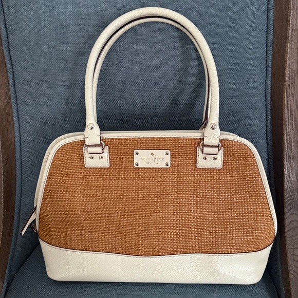 kate spade Handbags - Kate Spade WOVEN Lotty Dome Satchel IVORY Leather & Brown Woven Straw panel EUC